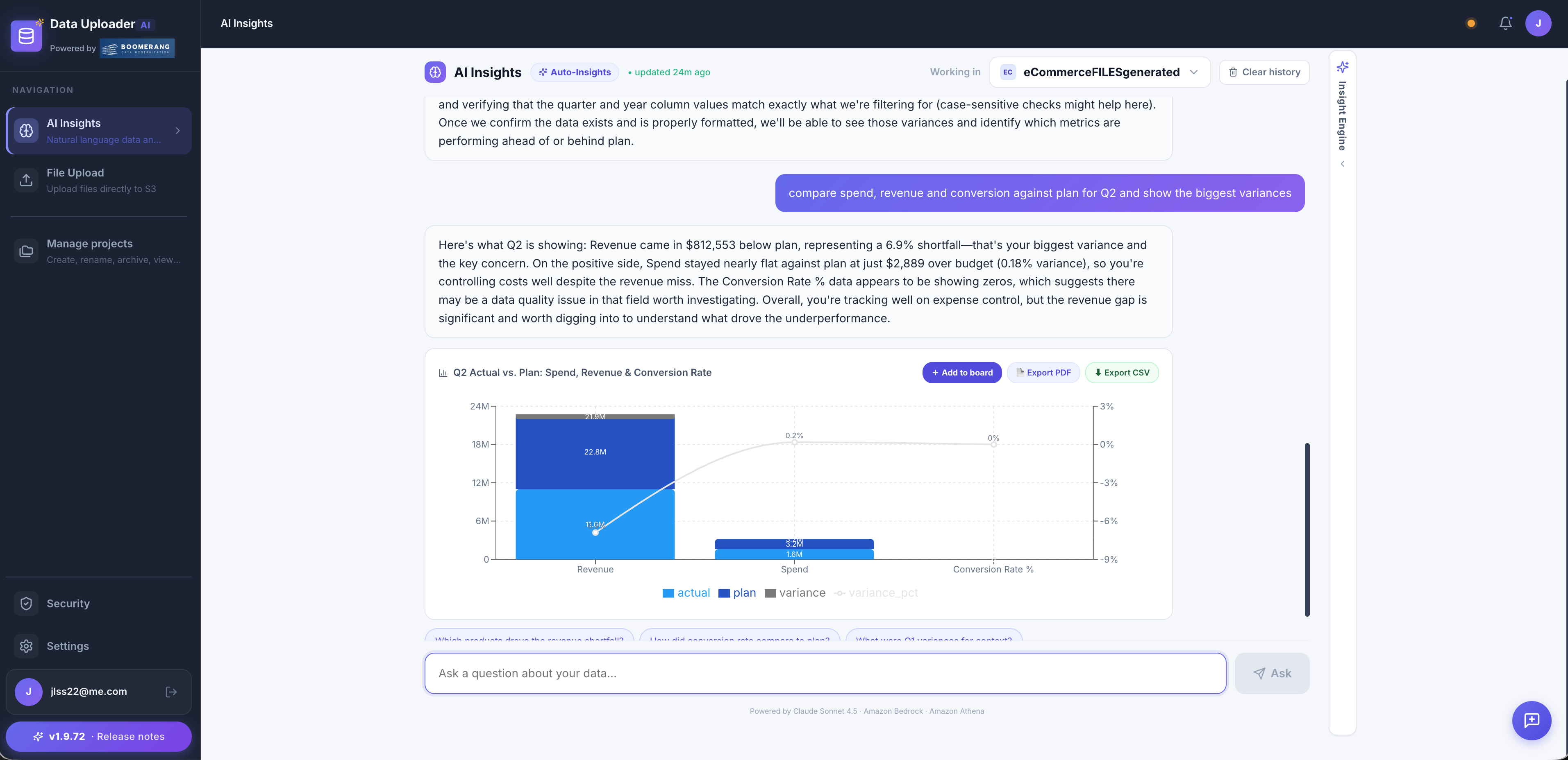 Boomerang AI Insights — spend/impressions/engagement vs plan variance by quarter, with Export deck
