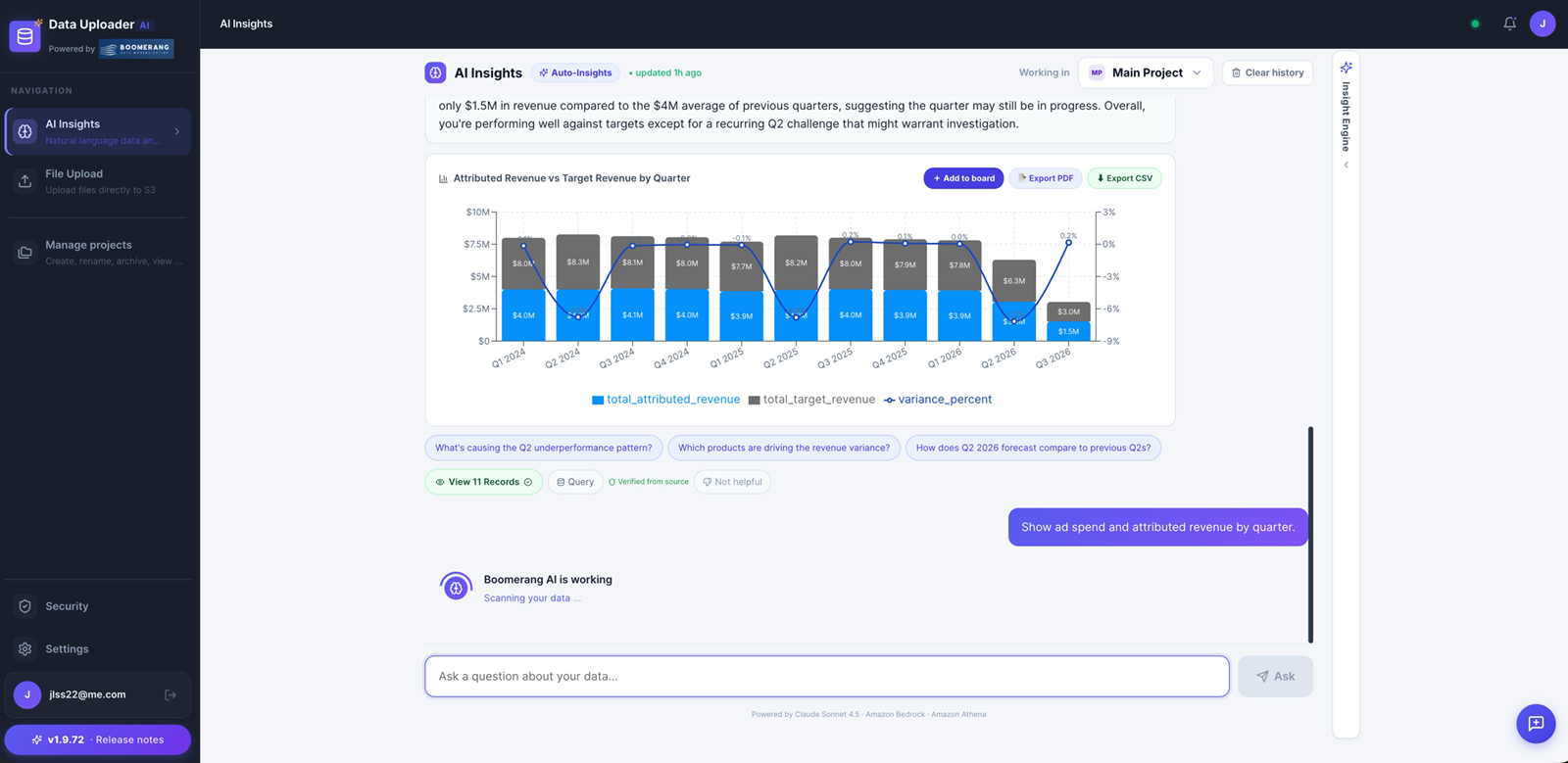 Boomerang — historical campaign and media-plan data across quarters